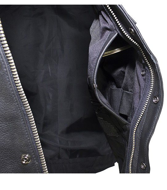 A Mens 1/2" Collar Black Leather Zip Front Concealed Carry Vest with a zippered pocket.