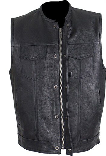 A Mens 1/2" Collar Black Leather Zip Front Concealed Carry Vest with zippered pockets.