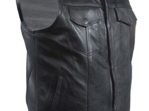 Men Black Leather No Collar Concealed Carry Vest