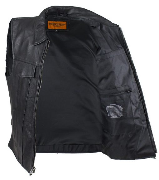 Mens Black Leather Concealed Carry Zip Front Vest.
