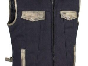 Mens Black Canvas Zip Up CCW Vest with Distressed Leather Trim