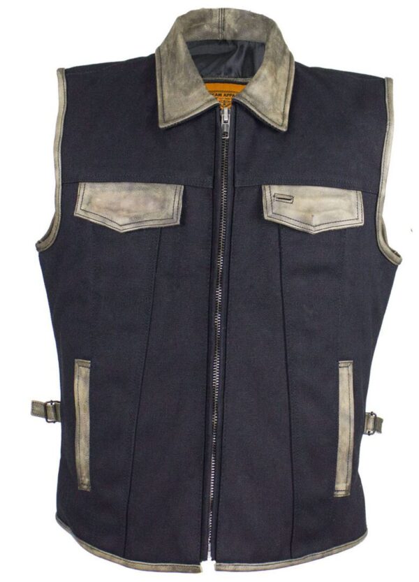 Harley-davidson men's leather vest.
Product Name: Mens Black Canvas Zip Up CCW Vest with Distressed Leather Trim.