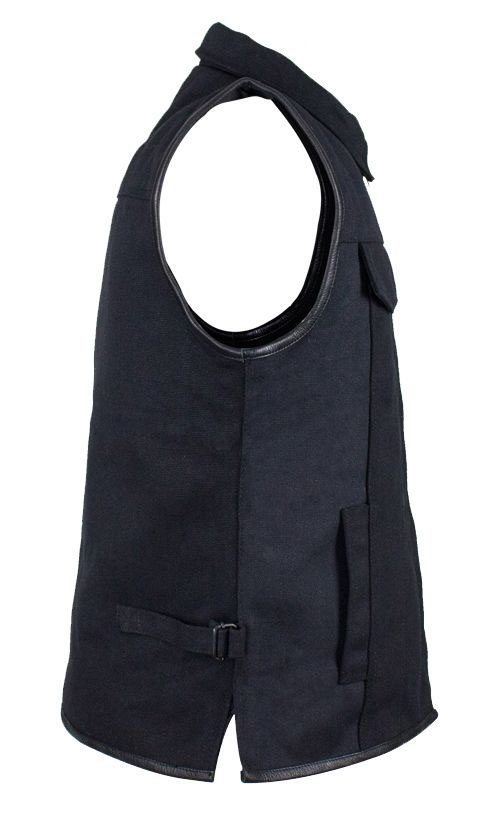 A Mens Black Canvas Zip Up Concealed Carry Vest with a zipper on the back.