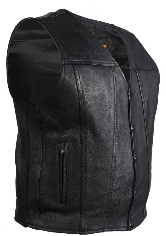A Mens Black Leather Concealed Carry Snap Front Vest.