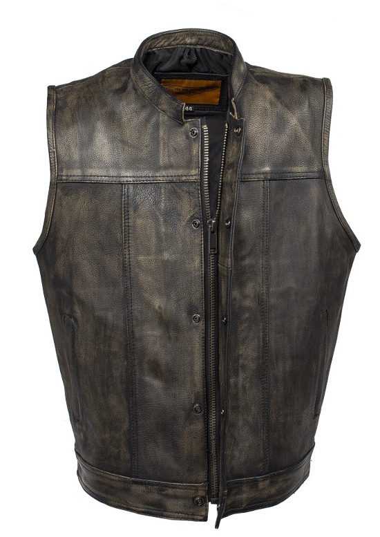 Mens Distress Brown Leather Banded Collar Concealed Carry Vest - The ...