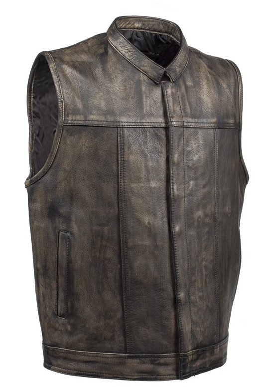 Distress Brown Leather Banded Collar Concealed Carry Vest