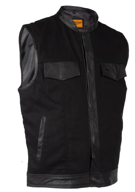 Men Black Denim Leather Trim Concealed Carry Vest