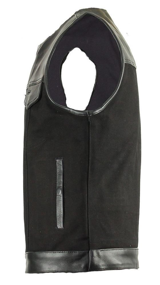 A Mens Black Denim Split Leather Trim Concealed Carry Vest with leather trim.