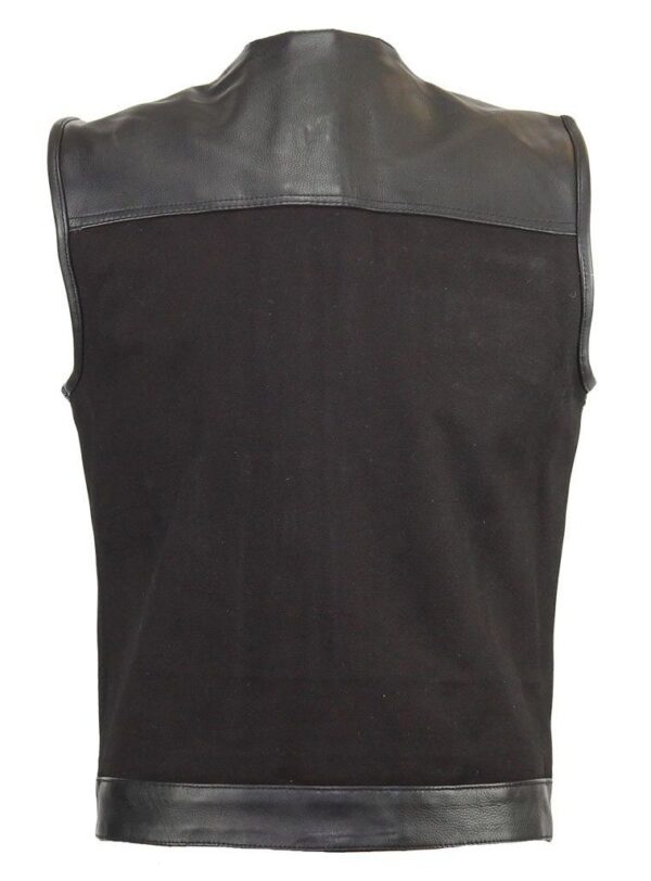 The back view of a Men's Black Denim Split Leather Trim Concealed Carry Vest.