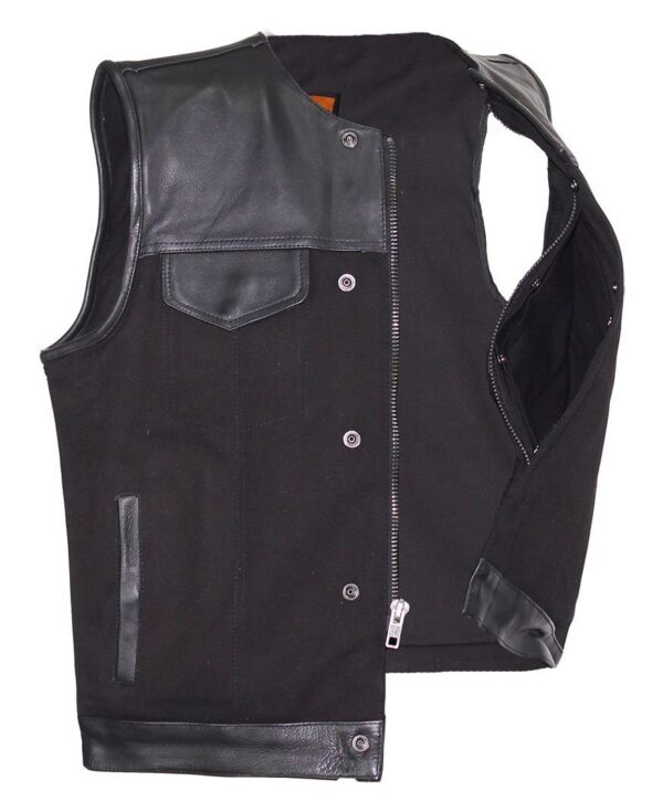 A Mens Black Denim Split Leather Trim Concealed Carry Vest with black zippers.