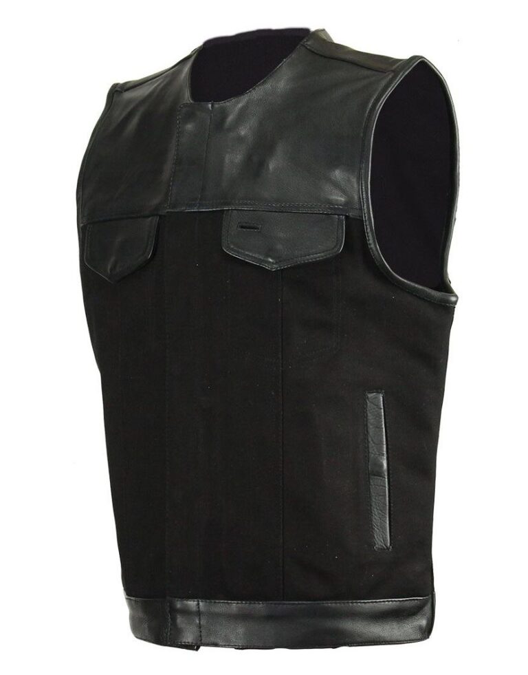 Mens Black Denim Split Leather Trim Concealed Carry Vest