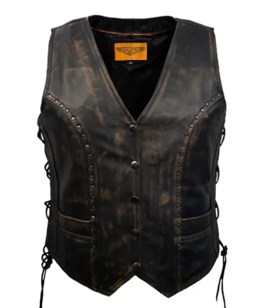 Womens Concealed Carry Brushed Brown Leather Studded Vest <li>CONCEALED CARRY</li> <li>Top Grade Soft Touch Leather</li> <li>Zip Front</li> •