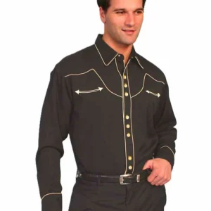 Scully Men's Retro Piped Western Shirt – Black & Cream - Pearl Snaps -S to 4X