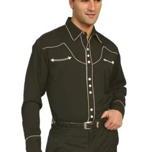 Scully Men's Retro Piped Western Shirt – Black & Cream - Pearl Snaps -S to 4X