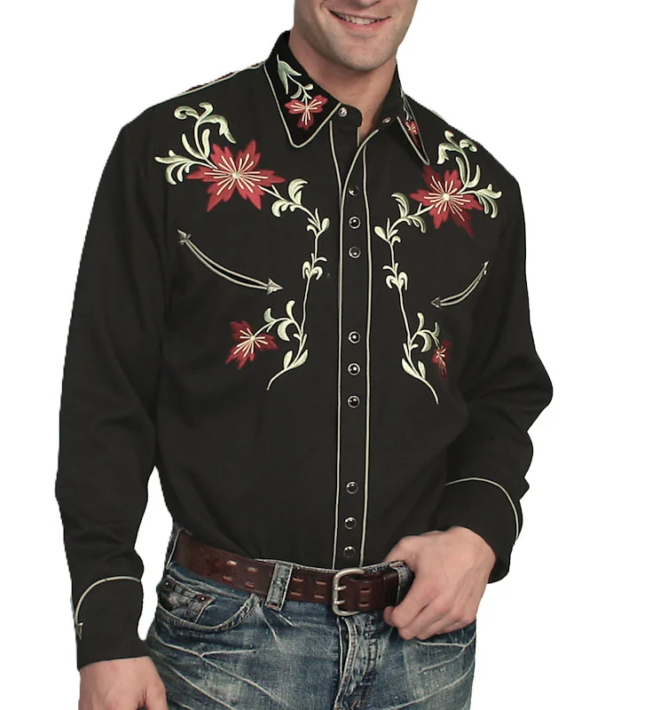 Men's Scully Black embroidered Christmas Poinsettia Western Shirt