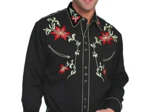 Christmas Poinsettia embroidered Mens Scully Black Western Shirt