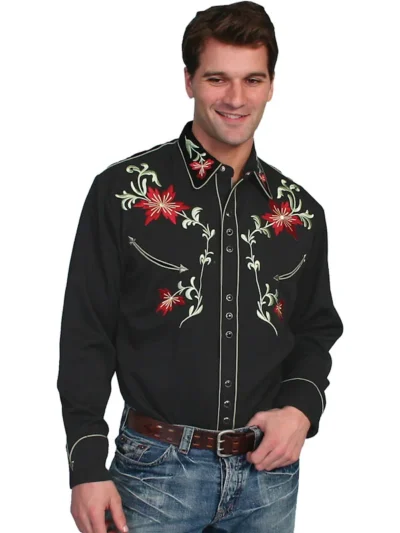 Christmas Poinsettia embroidered Mens Scully Black Western Shirt