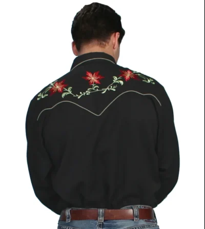 Christmas Poinsettia embroidered Mens Scully Black Western Shirt