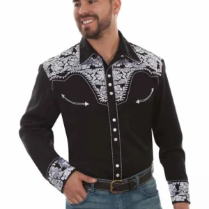 Scully Gunfighter Men's Silver Embroidered Black Western Shirt