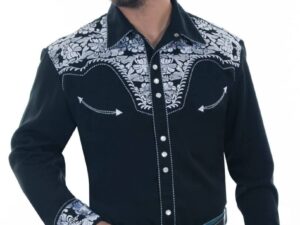 Mens White Embroidered Black Western Shirt