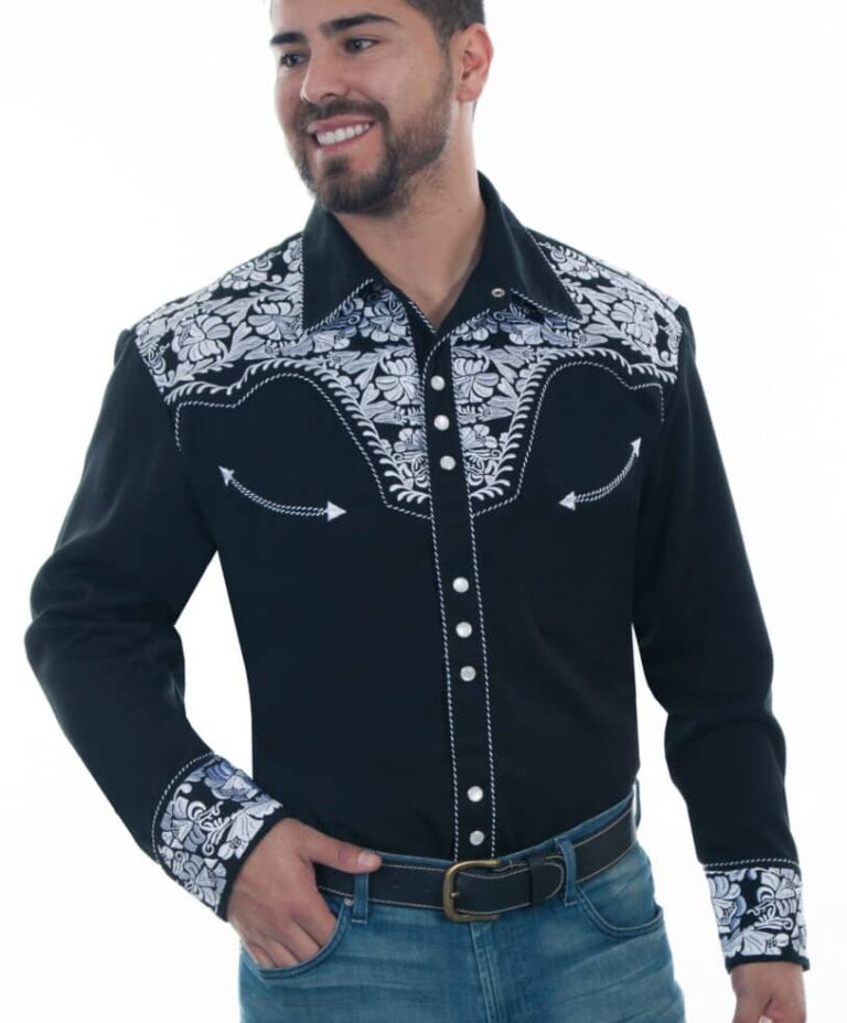 Mens White Embroidered Black Western Shirt