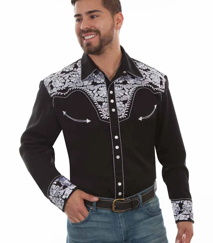 Scully Gunfighter Men's Silver Embroidered Black Western Shirt - Sizes XS-4XL 1 Scully Gunfighter Men's Silver Embroidered Black Western Shirt