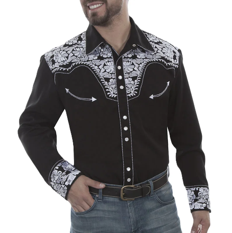 Men's white Embroidered black Western Shirt.