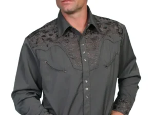 A man wearing a "Charcoal Gunfighter" Mens Scully Grey Embroidered Western Shirt.
