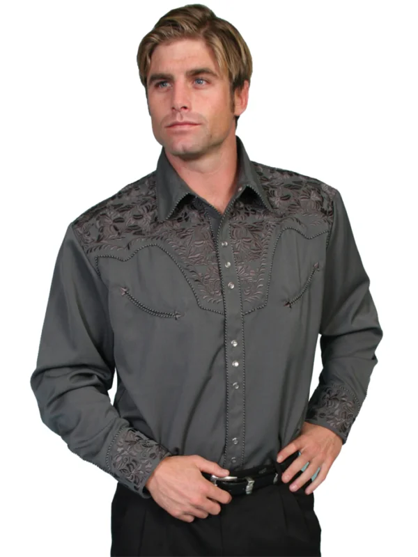 A man wearing a "Charcoal Gunfighter" Mens Scully Grey Embroidered Western Shirt.