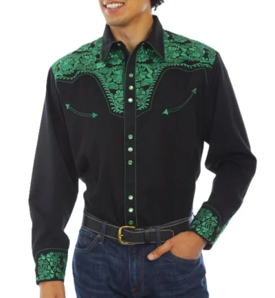 Men's green Embroidered black Western Shirt.