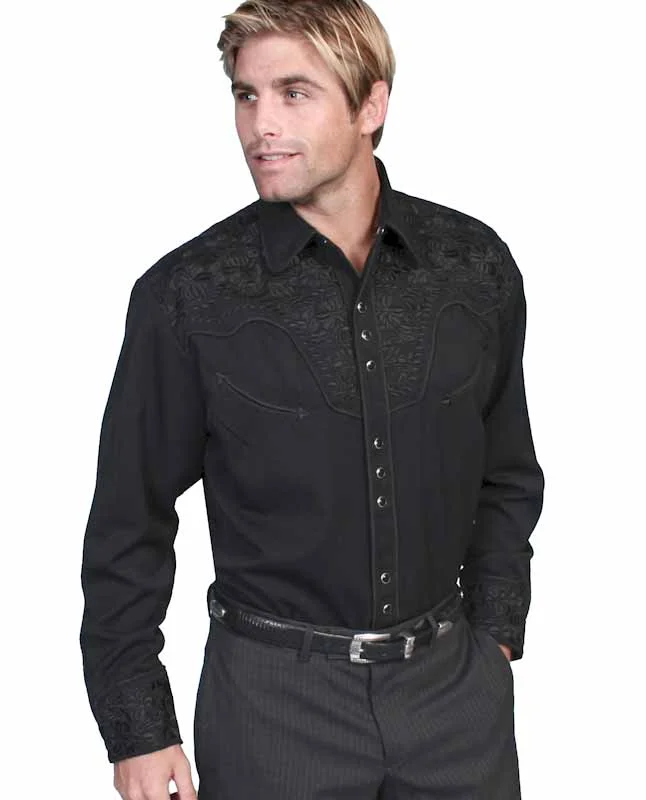 Scully Men's Black Embroidered Western Snap Shirt - Sizes XS-4XL 1 Scully Men's Black Embroidered Western Shirt - Pearl Snaps