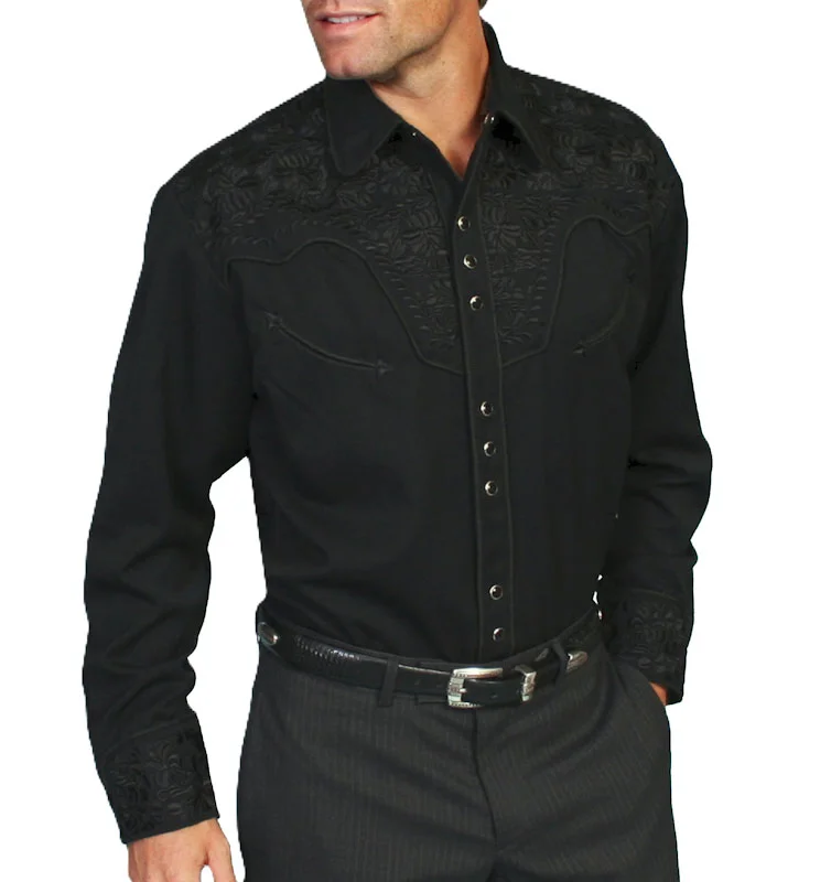 men's jet black floral embroidered western shirts