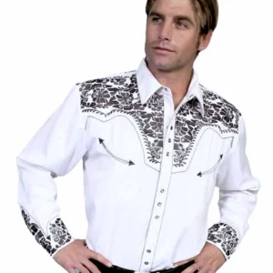 Scully Gunfighter Men's Embroidered Western Shirt - White & Pewter