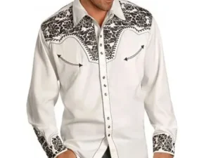 Mens Grey and white Embroidered Western Shirt