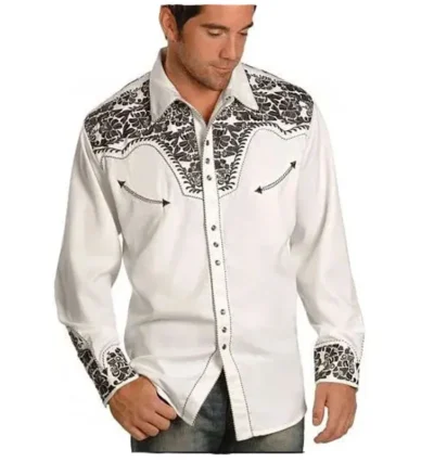 Mens Grey and white Embroidered Western Shirt