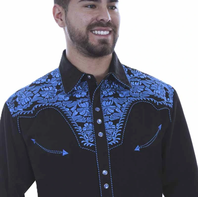 Scully Men's Black & Royal Blue Embroidered Western Shirt - Pearl Snap - XS to 4XL 3 Scully Men's Black & Royal Blue Embroidered Western Shirt - Pearl Snap - XS to 4XL