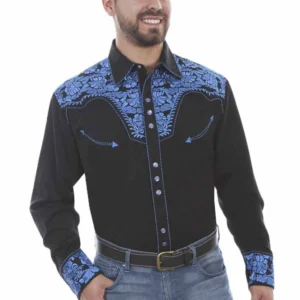 Scully Men's Black & Royal Blue Embroidered Western Shirt - Pearl Snap - XS to 4XL