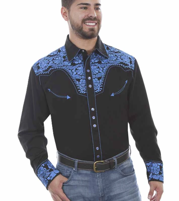Scully Men's Black & Royal Blue Embroidered Western Shirt - Pearl Snap - XS to 4XL 1 Scully Men's Black & Royal Blue Embroidered Western Shirt - Pearl Snap - XS to 4XL