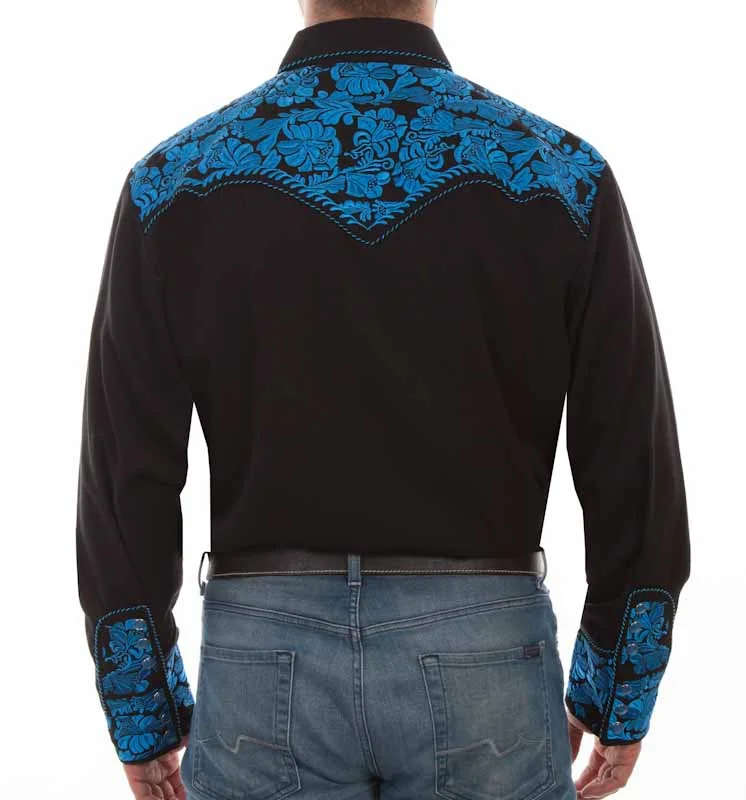 Scully Men's Black & Royal Blue Embroidered Western Shirt - Pearl Snap - XS to 4XL 2 Scully Men's Black & Royal Blue Embroidered Western Shirt - Pearl Snap - Sizes XS-4XL