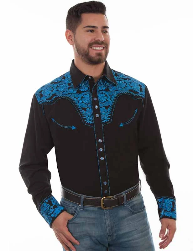 Scully Men's Black & Royal Blue Embroidered Western Shirt - Pearl Snap - XS to 4XL 1 Scully Men's Black & Royal Blue Embroidered Western Shirt - Pearl Snap - Sizes XS-4XL