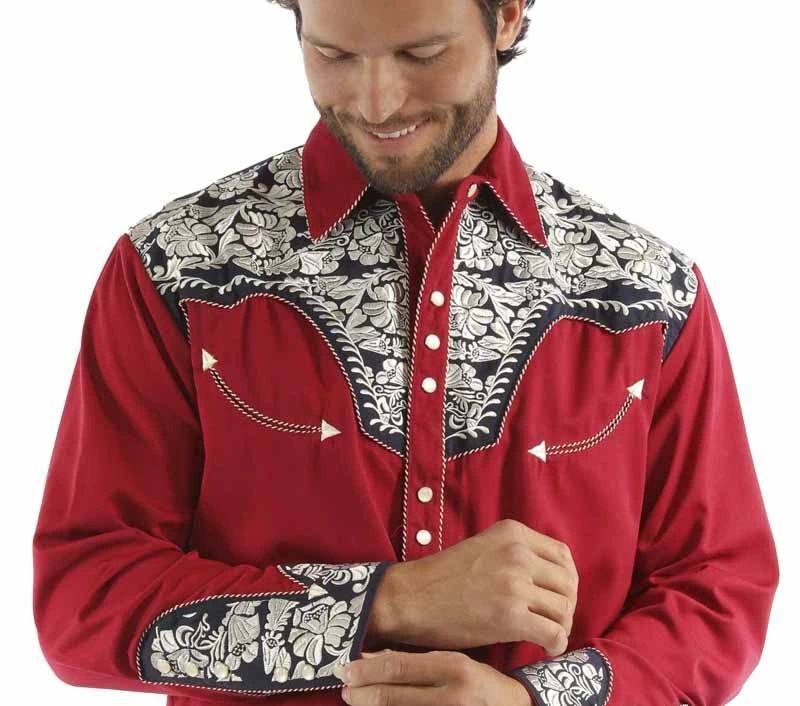 Red White & Blue Embroidered Western Shirt - Pearl Snap - XS to 4XL 3 Scully Men's Red White and Blue Embroidered Western Snap Shirt - Sizes XS-4XL