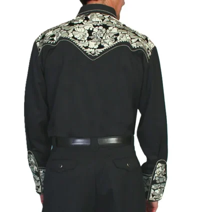 Men's silver Embroidered black Western Shirt.