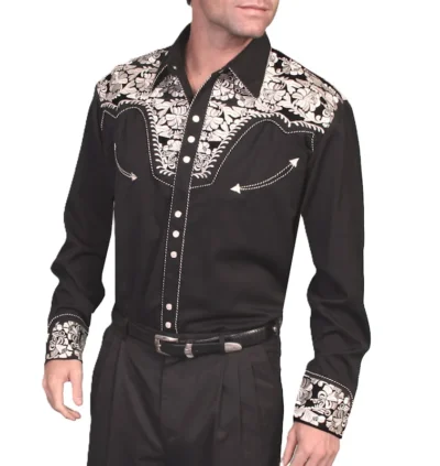 Men's silver Embroidered black Western Shirt.