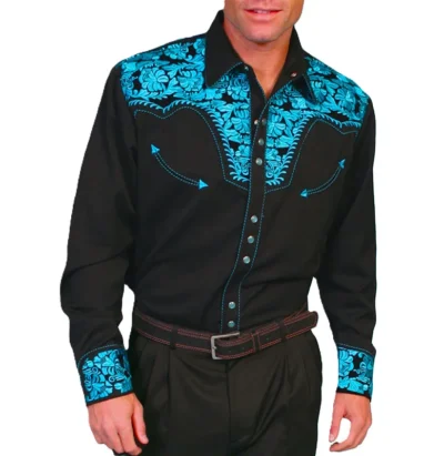 Mens Turquoise Embroidered Western Shirt.