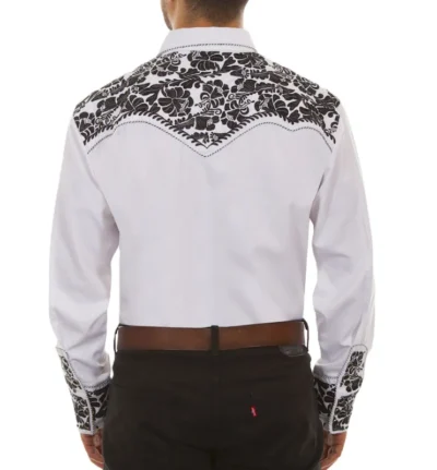 Mens Black and white Embroidered Western Shirt