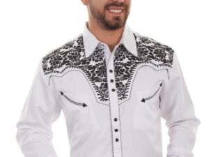 Mens Black Embroidered White Western Shirt