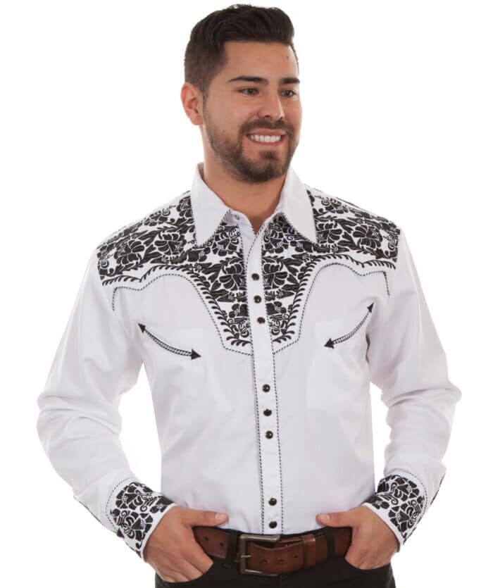 Mens Black Embroidered White Western Shirt