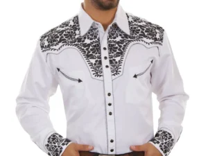 Mens Black and white Embroidered Western Shirt