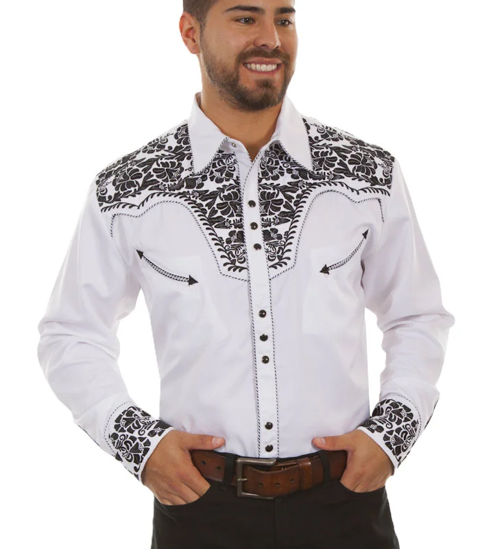 Mens Black and white Embroidered Western Shirt