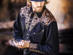 Men's Embroidered black Western Shirt.